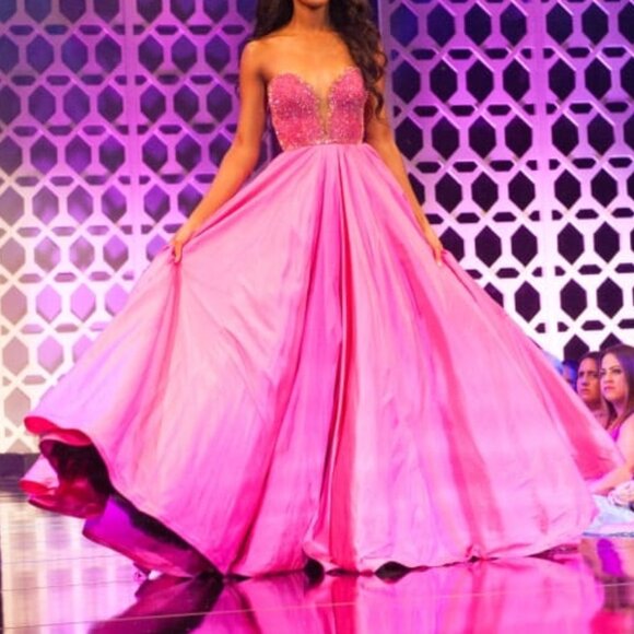 Sherri Hill Fuschia Strapless Ball Gown with Beading - Picture 1 of 4